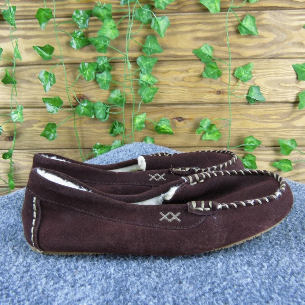 Lands' End Boys 7 Brown Suede Moccasin‎ Slippers Faux Fur Lined Indoor Outdoor